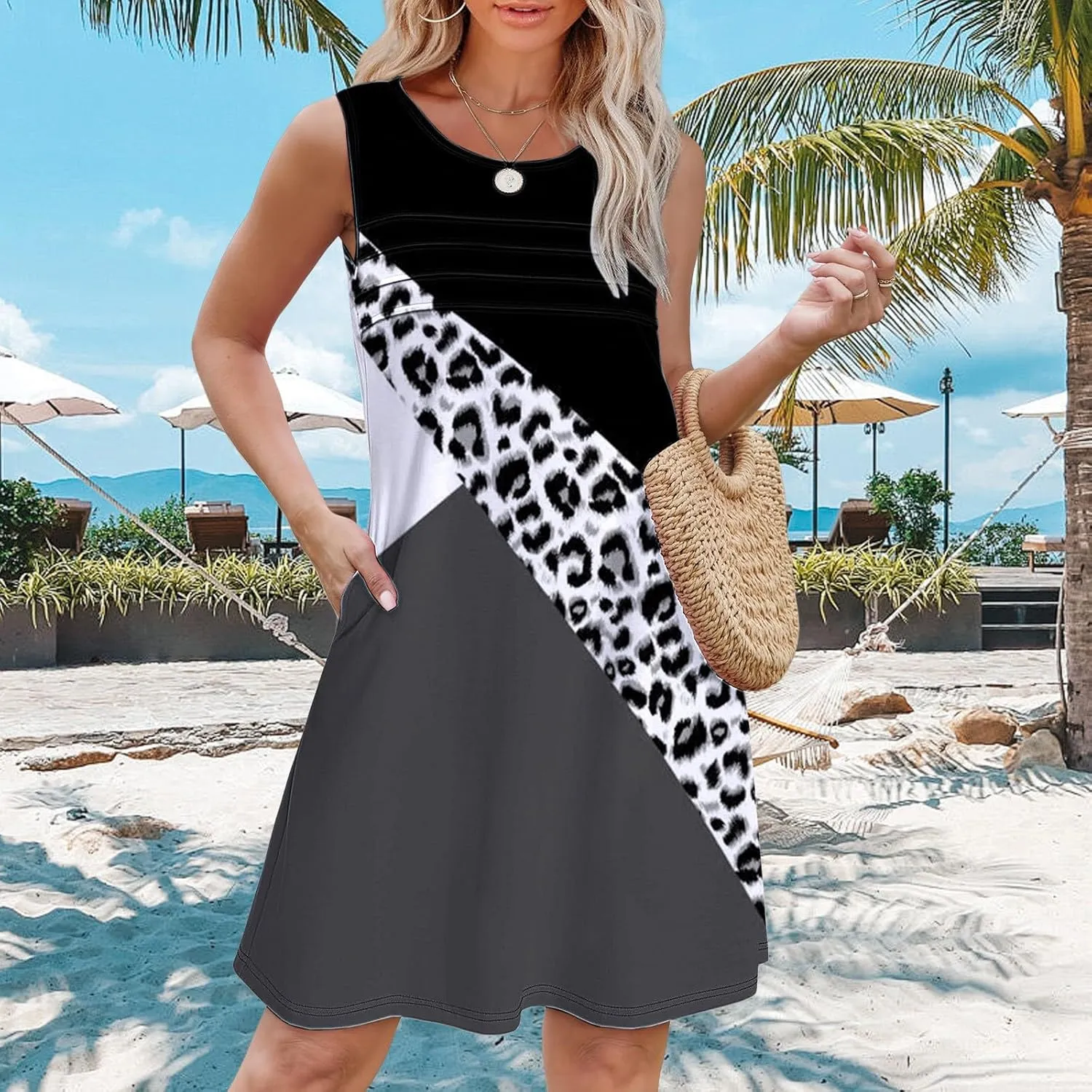 Cute Summer Dresses for Women Womens with Pockets Summer Casual Tank Dress Sleeveless Midi Beach Dress Cotton Linen