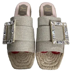 Roger Vivier Strass Espadrille Platform Slides in Beige Linen Canvas All Scenes Silver Shine