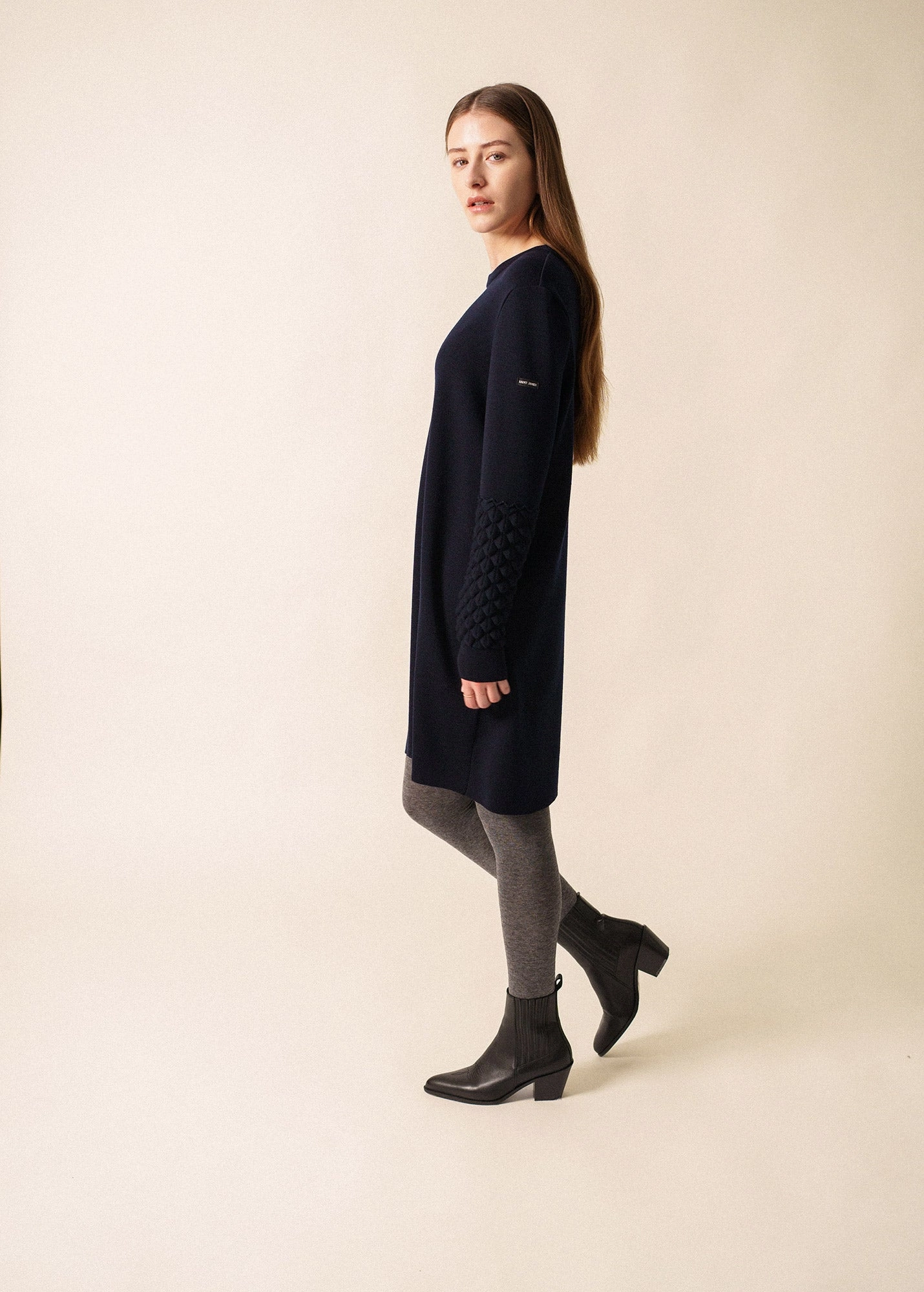 CLUSES DRESS - A-Shape Wool Dress with Sculpted Sleeves | 100% Wool (NAVY) Seasonal Drop