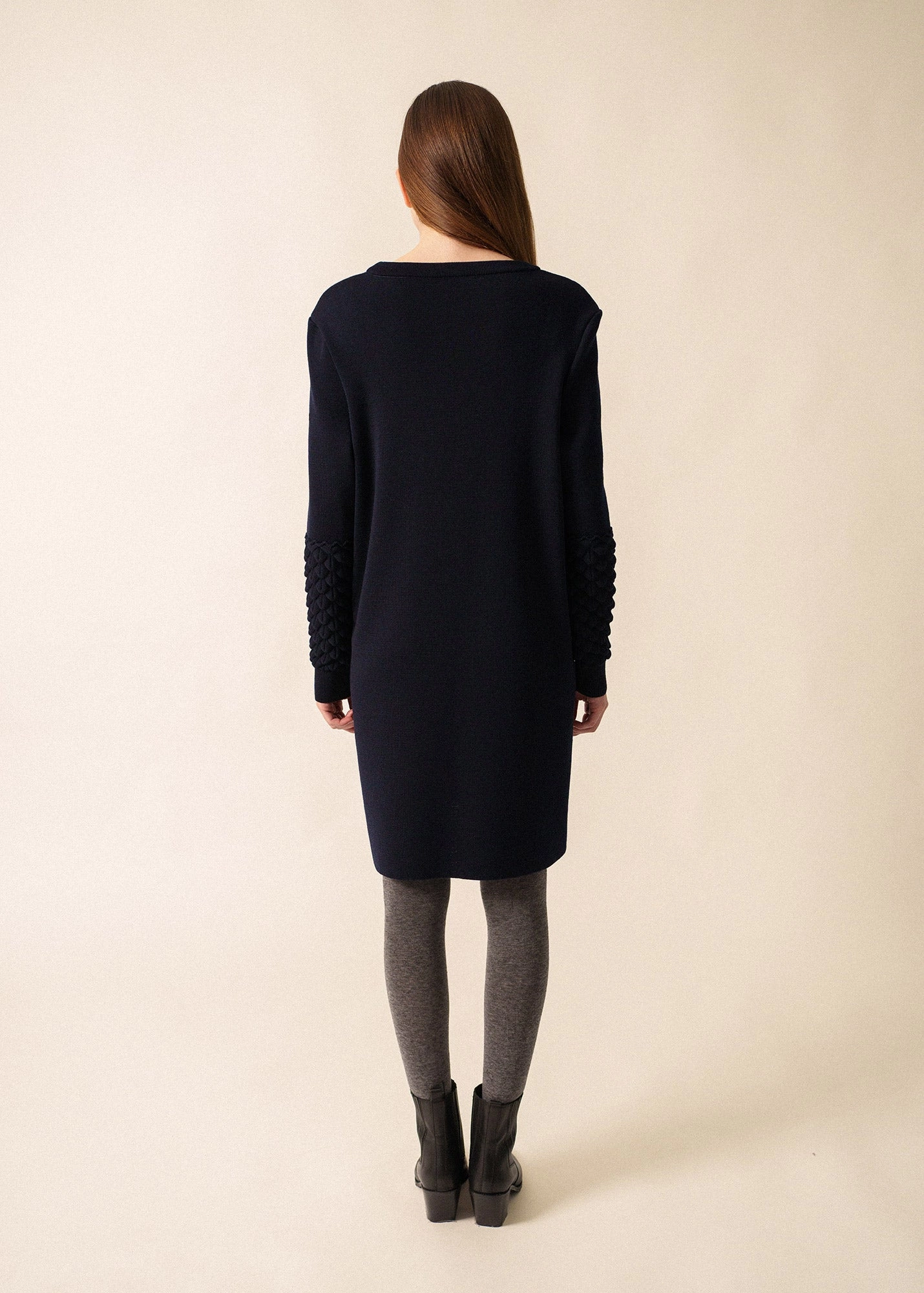 Reinforced Hemline Seasonal Must Have CLUSES DRESS - A-Shape Wool Dress with Sculpted Sleeves | 100% Wool (NAVY)