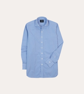 Checkered Look Round Collar Dark Blue and White Bengal Stripe Spread Collar Cotton Poplin Shirt