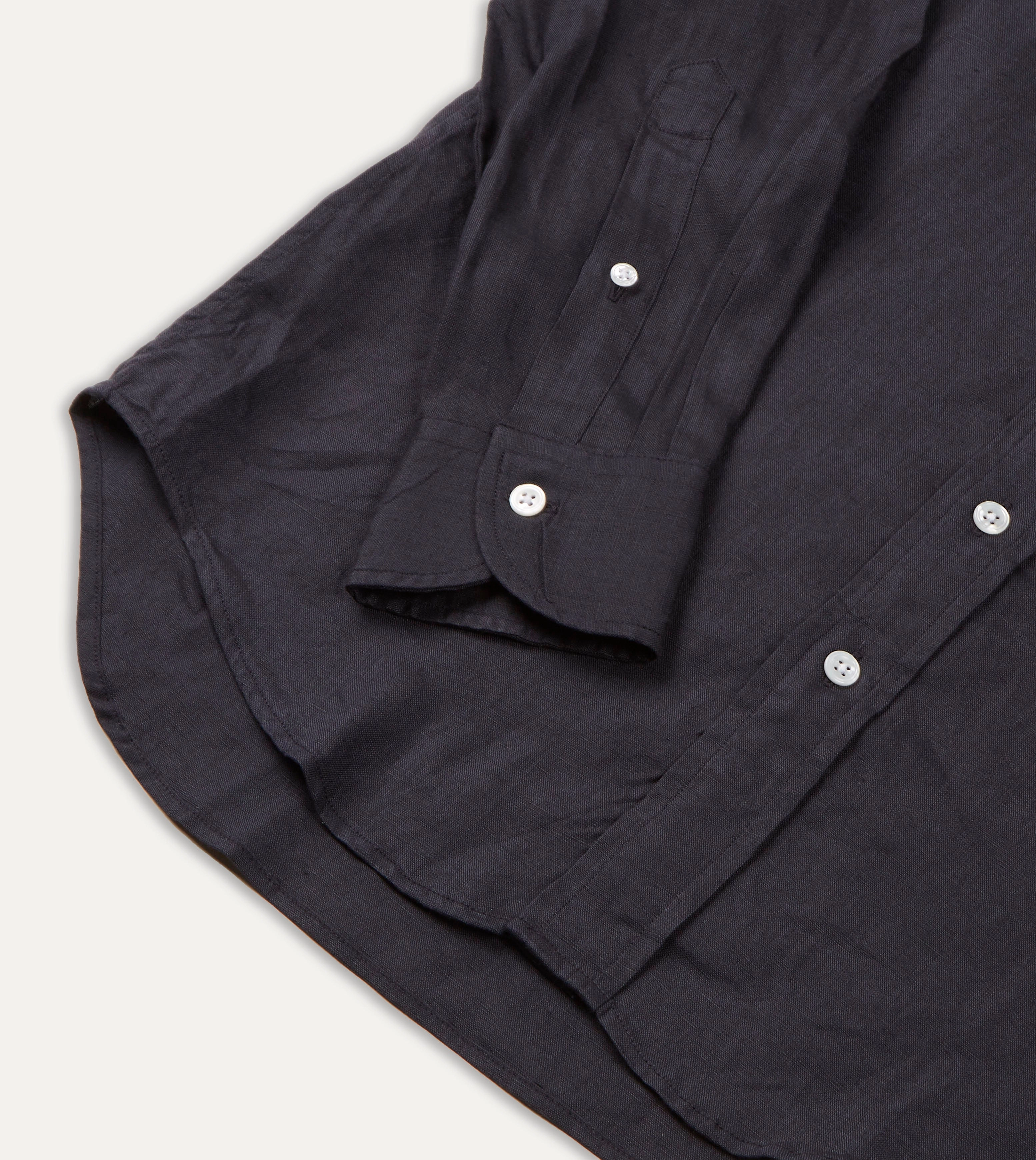 Adjustable Cuff Closure Dark Navy Linen Spread Collar Shirt