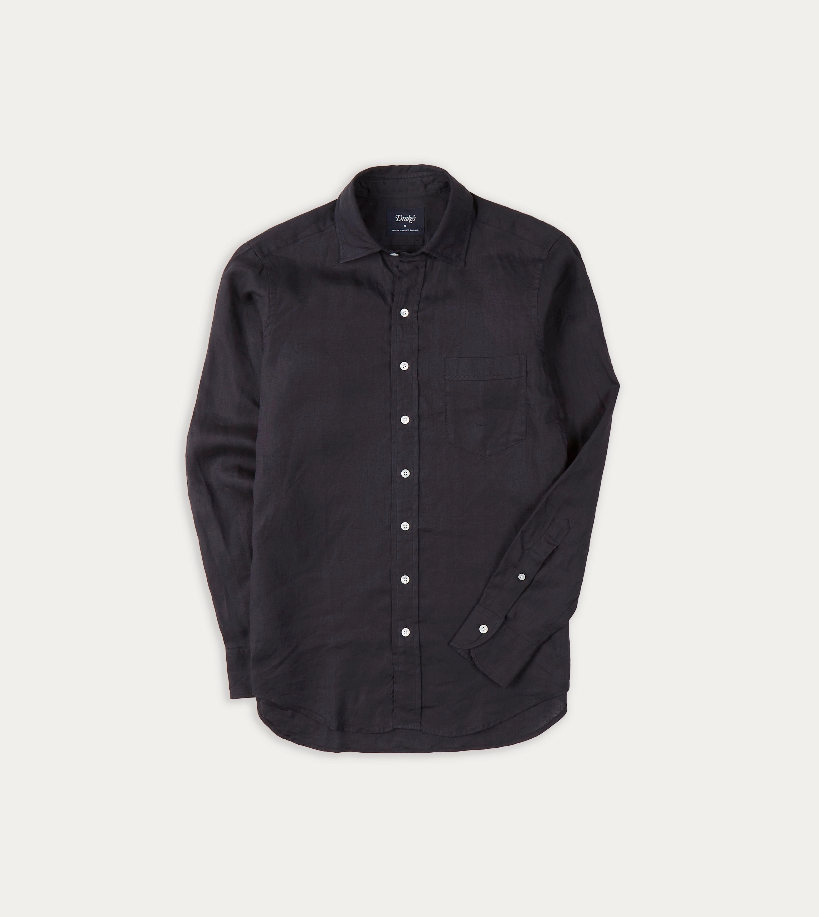 Dark Navy Linen Spread Collar Shirt color block Durable Thread Construction