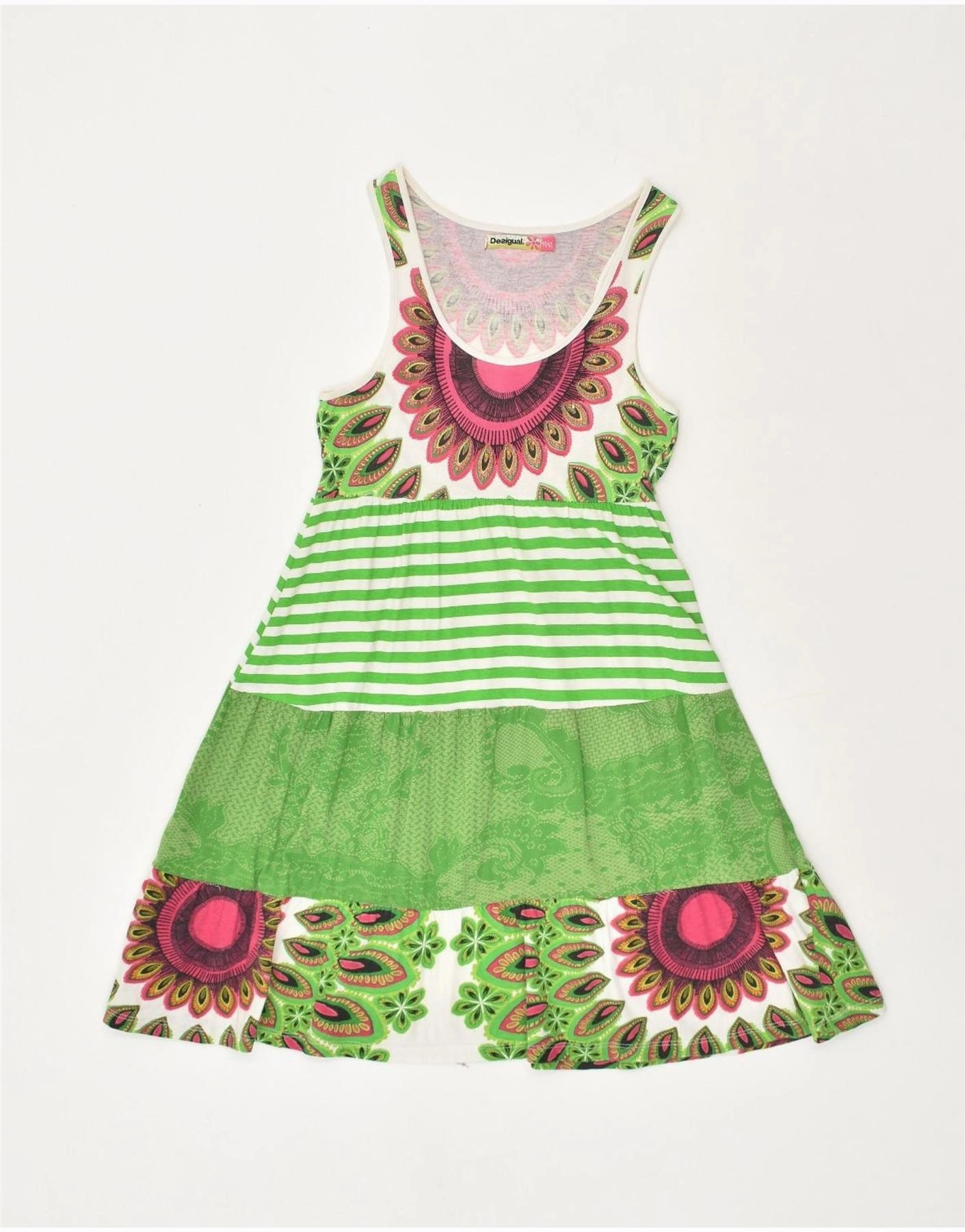 DESIGUAL Girls A-Line Dress 11-12 Years Green Floral Cotton Timeless Touch