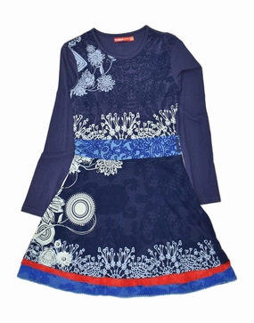DESIGUAL Girls A-Line Dress 11-12 Years Navy Blue Floral Cotton Timeless slip dress
