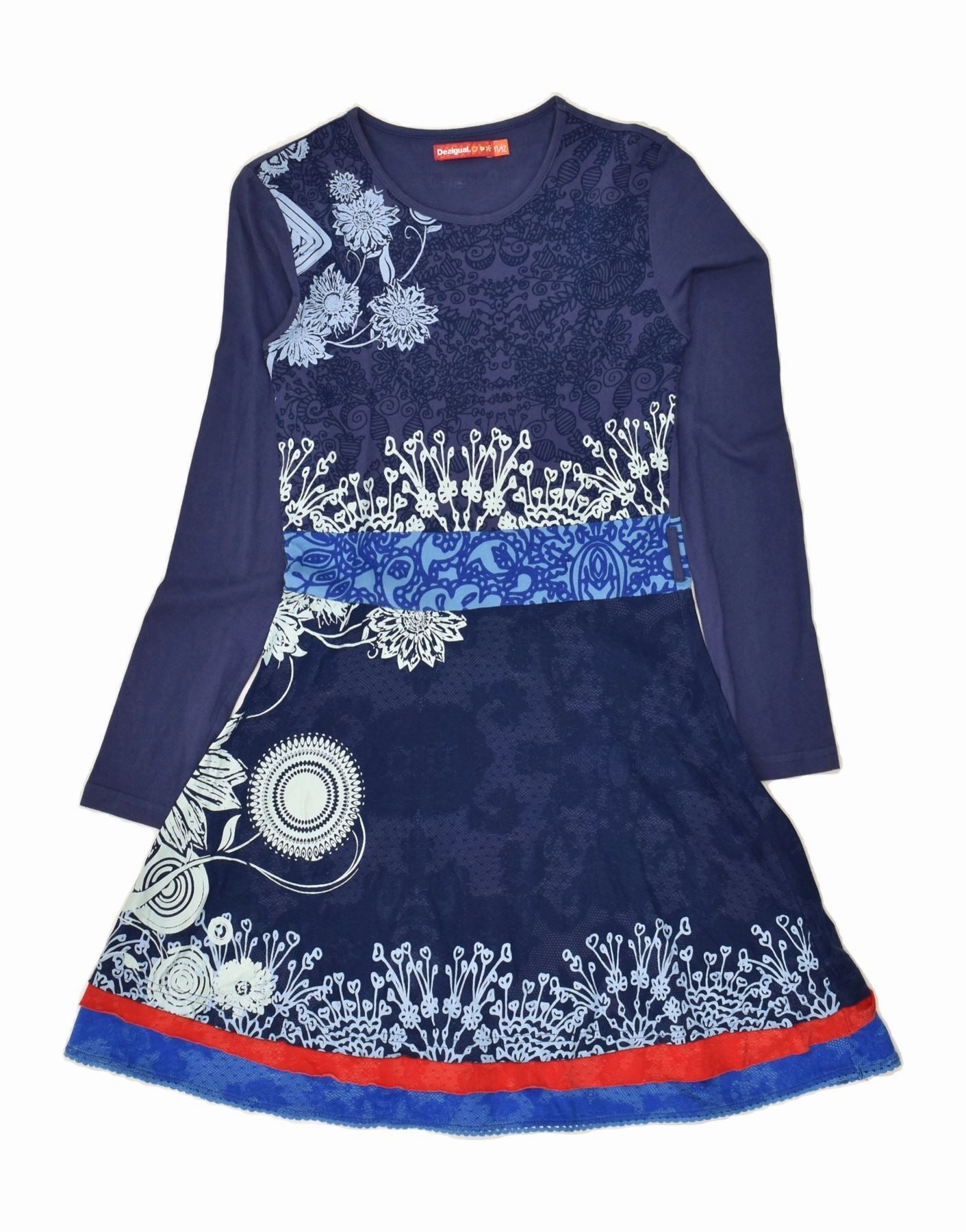 DESIGUAL Girls A-Line Dress 11-12 Years Navy Blue Floral Cotton Timeless slip dress