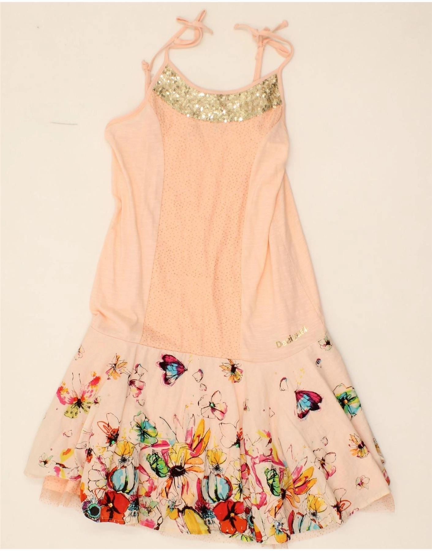 DESIGUAL Girls A-Line Dress 13-14 Years Pink Floral Cotton Halter-Neck Perfect For Any Occasion
