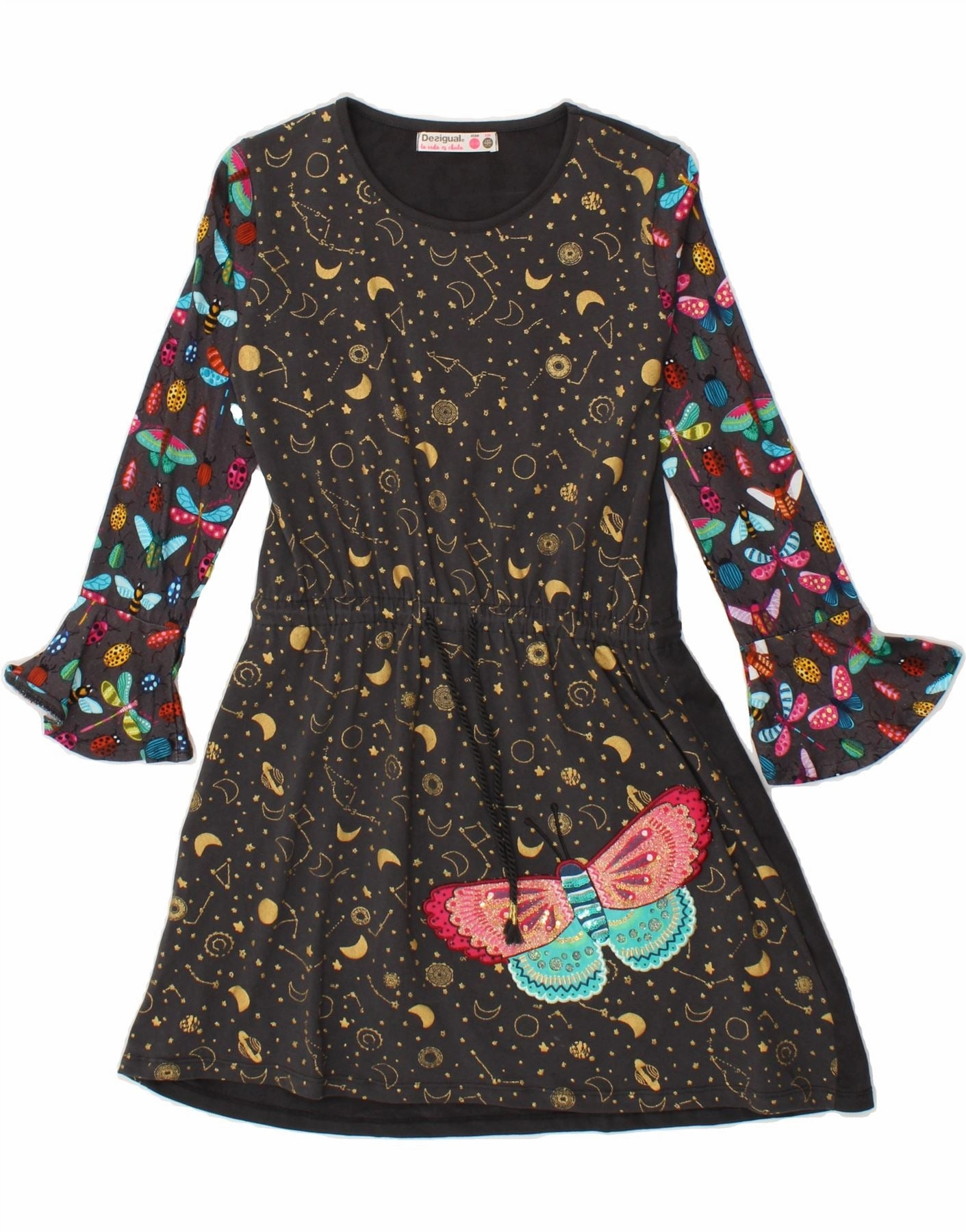 DESIGUAL Girls Abstract Pattern Long Sleeve A-Line Dress 11-12 Years Grey Peach Tone Day Romance