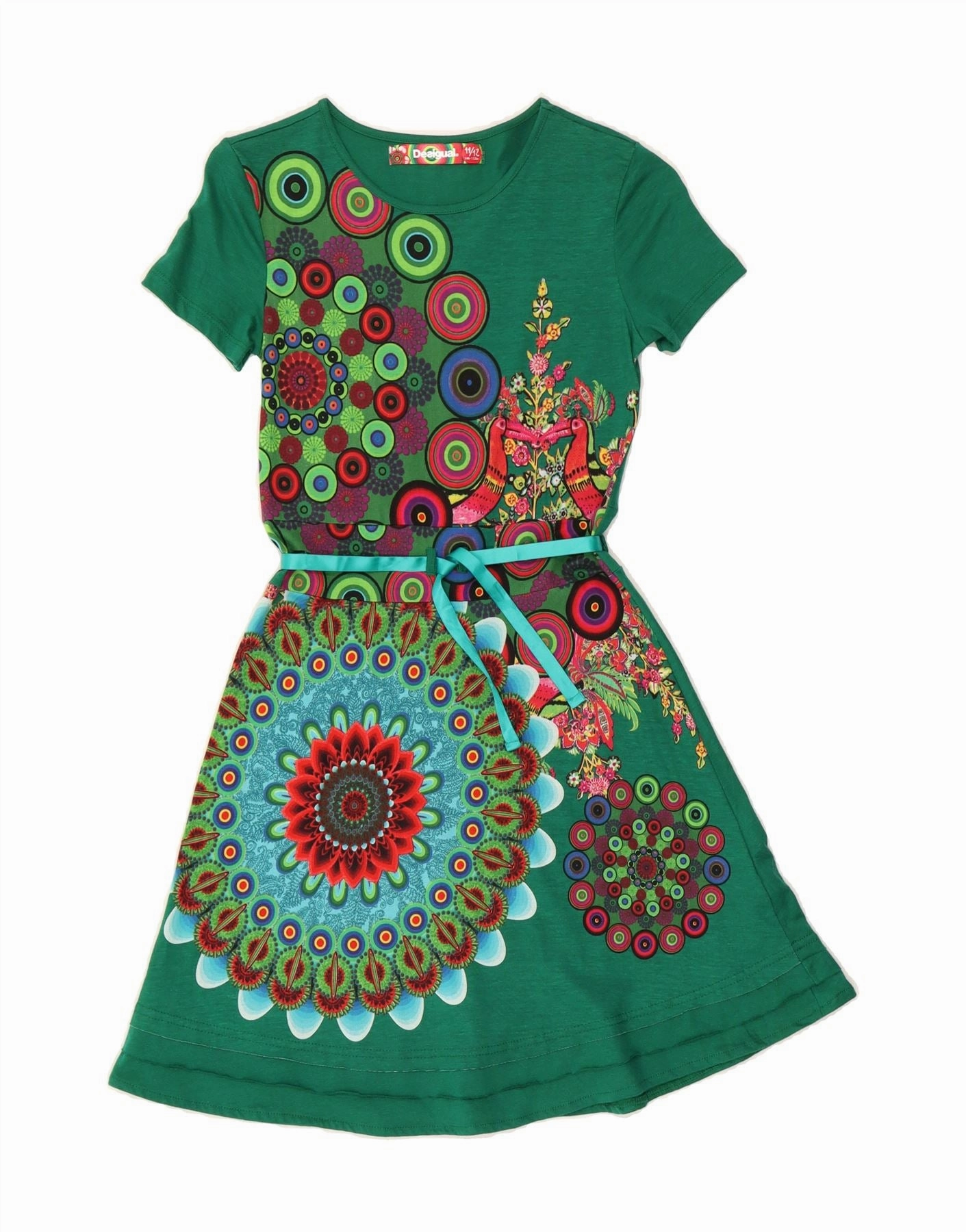 DESIGUAL Girls Basic Dress 11-12 Years Green Floral Cotton Natural Flow