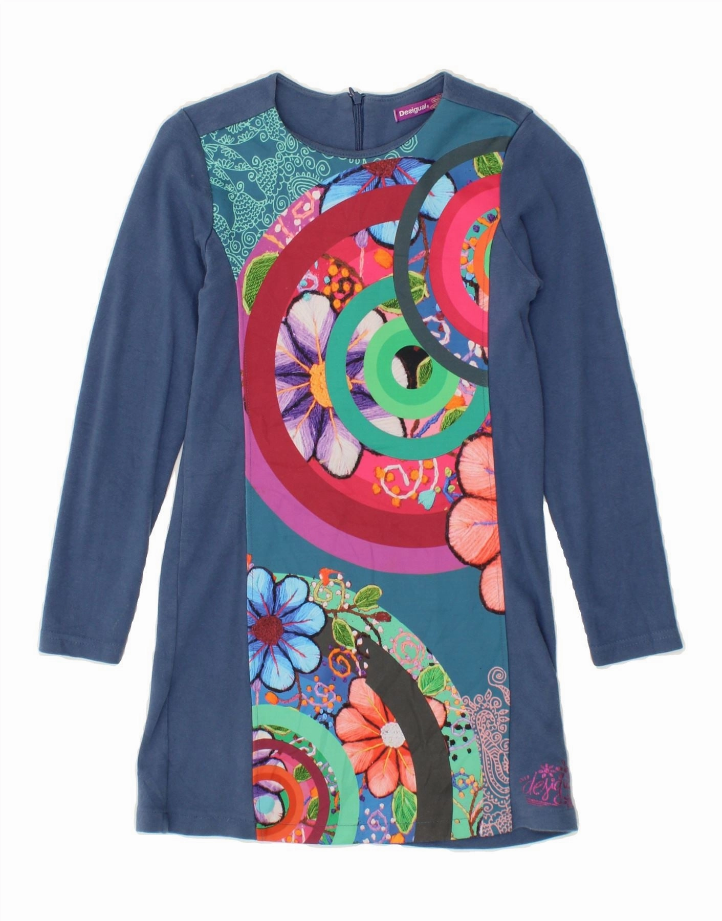 DESIGUAL Girls Basic Dress 9-10 Years Blue Floral Cotton Simple Flow