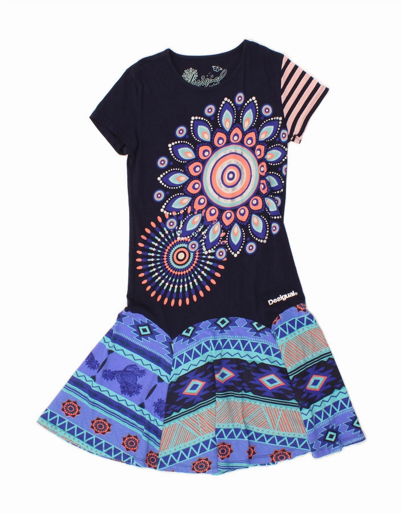 DESIGUAL Girls Graphic A-Line Dress 13-14 Years Navy Blue Fair Isle Cotton Draped-Style