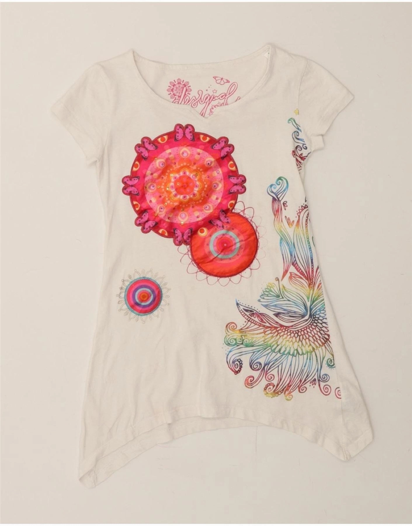 DESIGUAL Girls Graphic Asymmetric Tunic Dress 9-10 Years White Floral Elegant Look