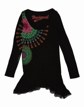 DESIGUAL Girls Graphic Drop Waist Dress 13-14 Years 2XL Black Viscose Sleek Volume Long Sleeve