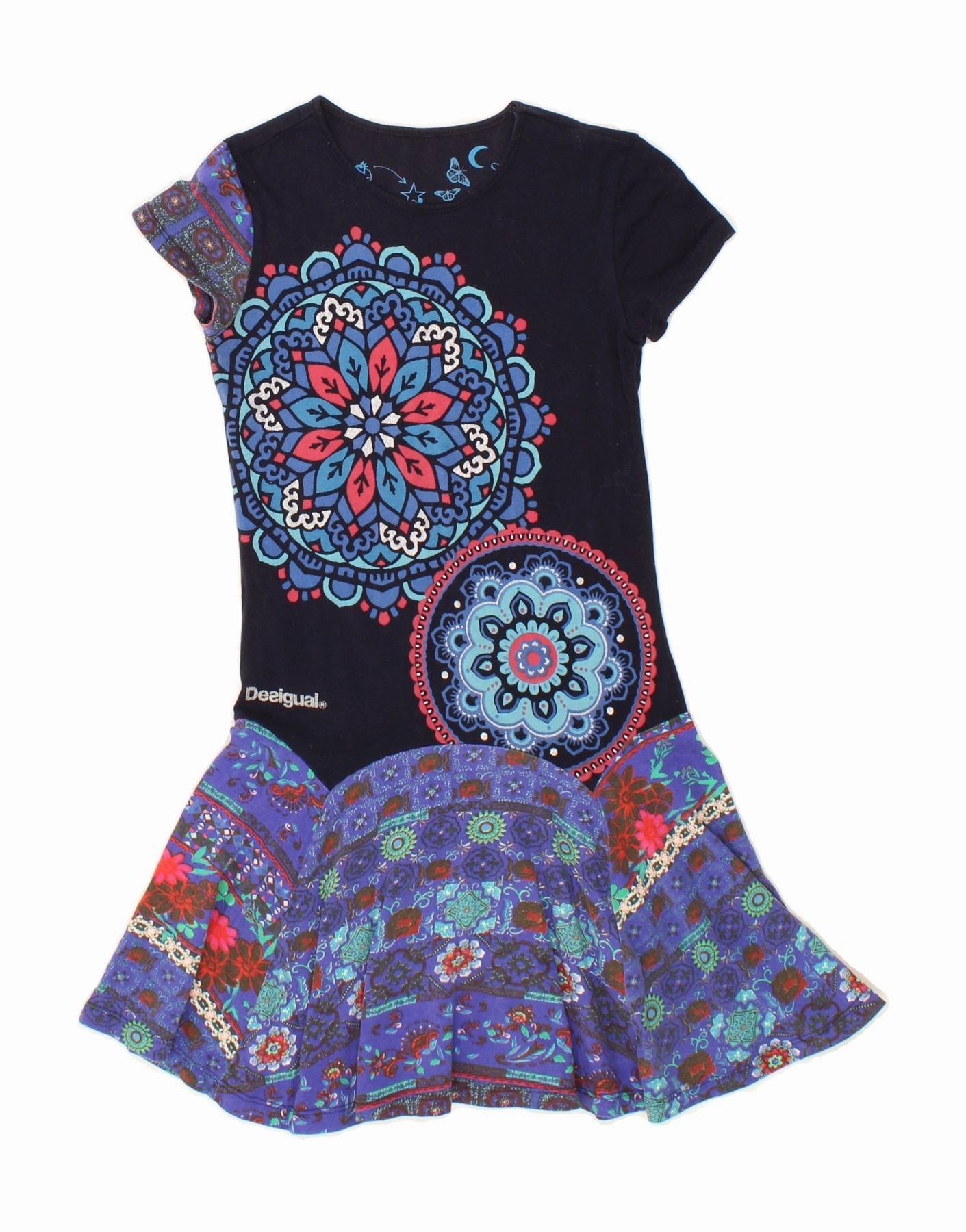 Bold Color DESIGUAL Girls Graphic Drop Waist Dress 9-10 Years Navy Blue Floral Cotton