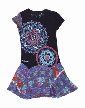 Bold Color DESIGUAL Girls Graphic Drop Waist Dress 9-10 Years Navy Blue Floral Cotton