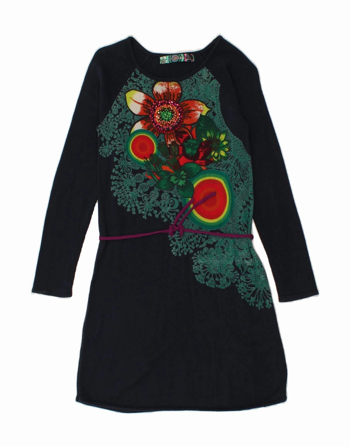 Knit Warm Fit Clean DESIGUAL Girls Graphic Jumper Dress 11-12 Years Navy Blue Floral Cotton