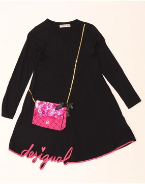 Sleek and Sleek DESIGUAL Girls Graphic Long Sleeve A-Line Dress 11-12 Years Black Cotton