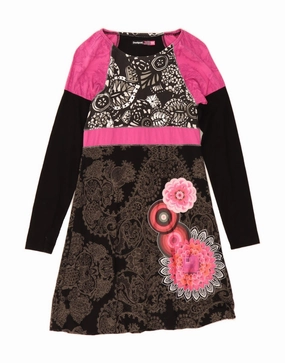 DESIGUAL Girls Graphic Long Sleeve A-Line Dress 13-14 Years Black Floral Easy-Storage