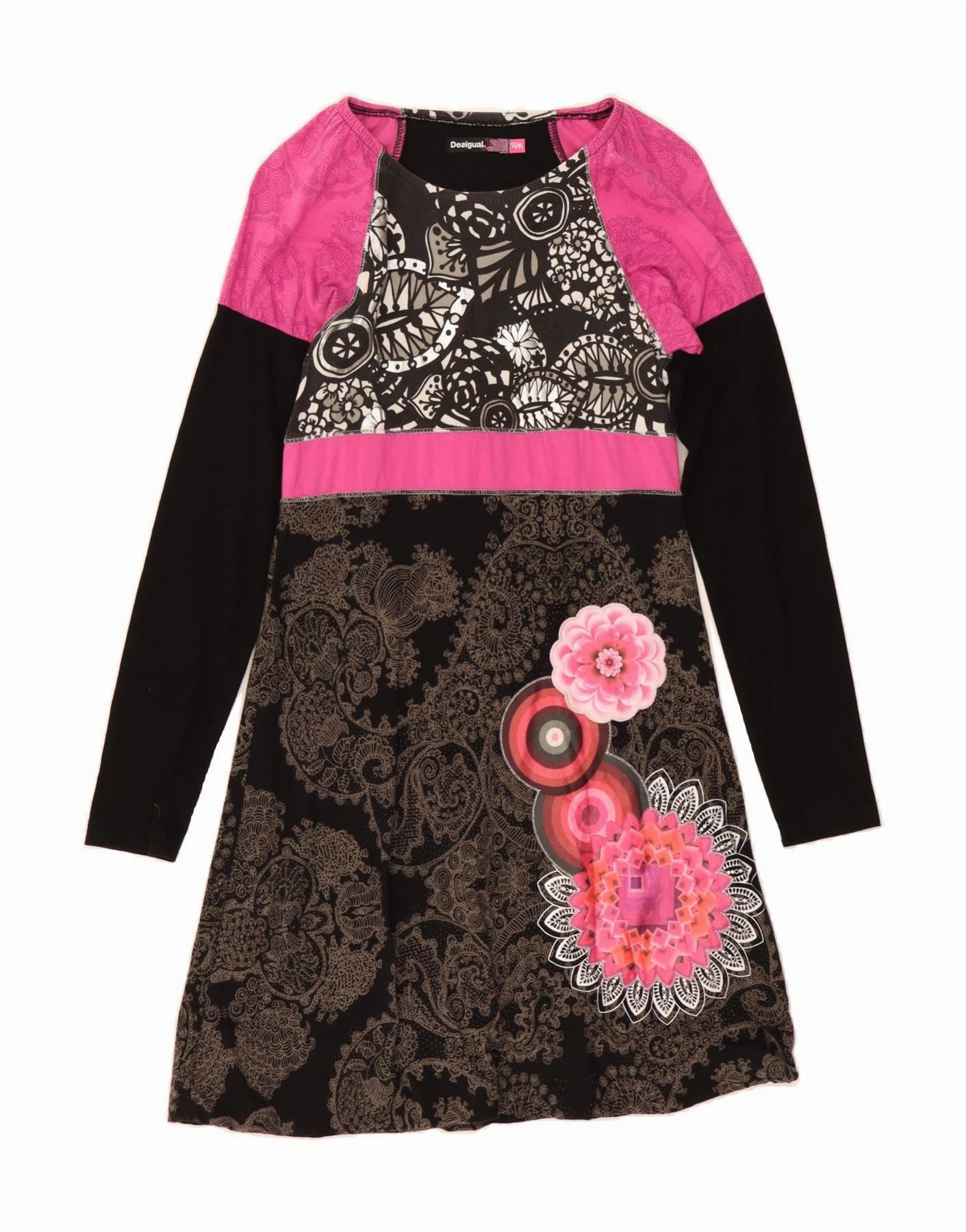 DESIGUAL Girls Graphic Long Sleeve A-Line Dress 13-14 Years Black Floral Easy-Storage