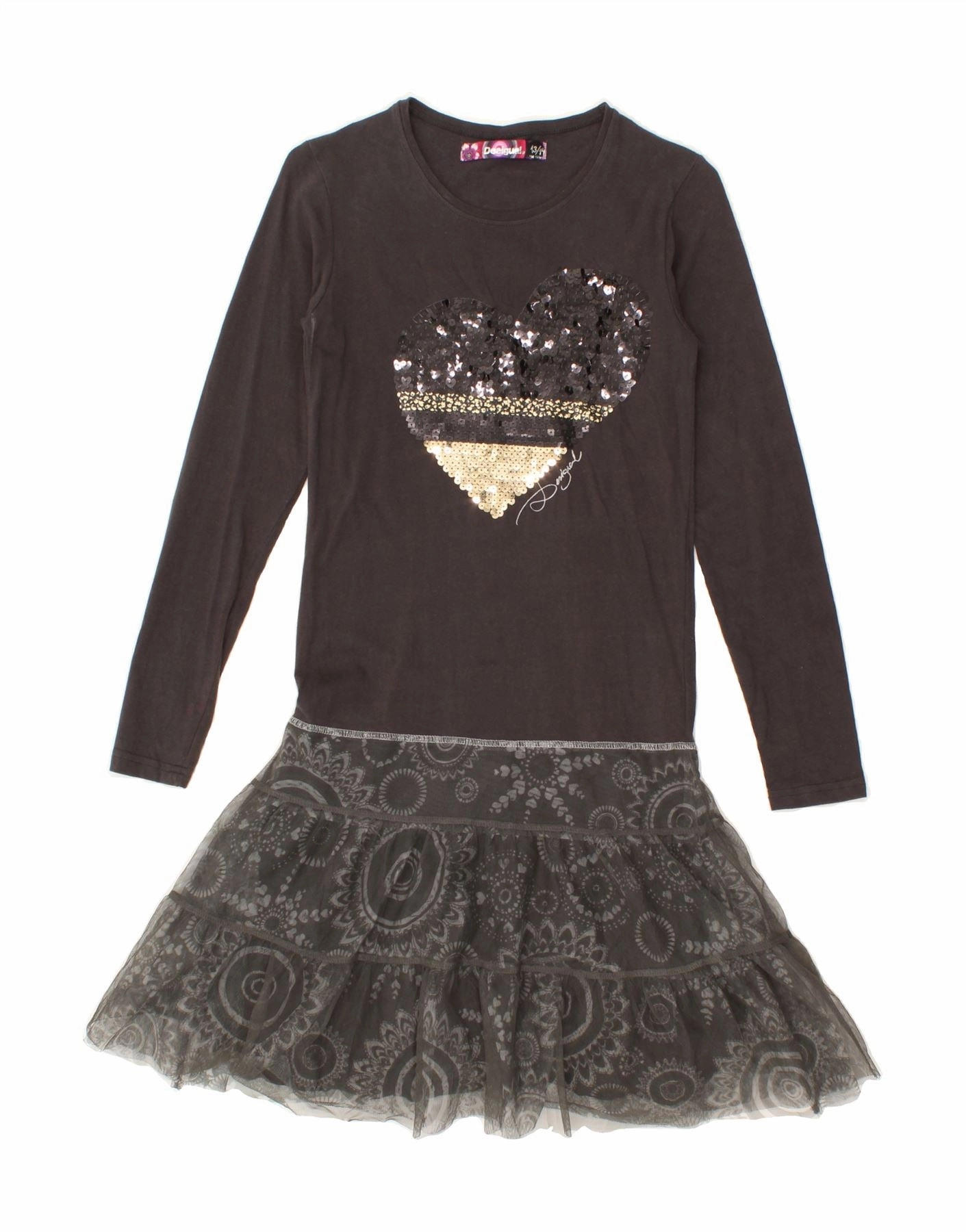 DESIGUAL Girls Graphic Long Sleeve A-Line Dress 13-14 Years Grey Floral Stain-Guard-Finish Modern Appearance
