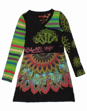 DESIGUAL Girls Graphic Long Sleeve A-Line Dress 13-14 Years Multicoloured Matte-finish Lunch Date