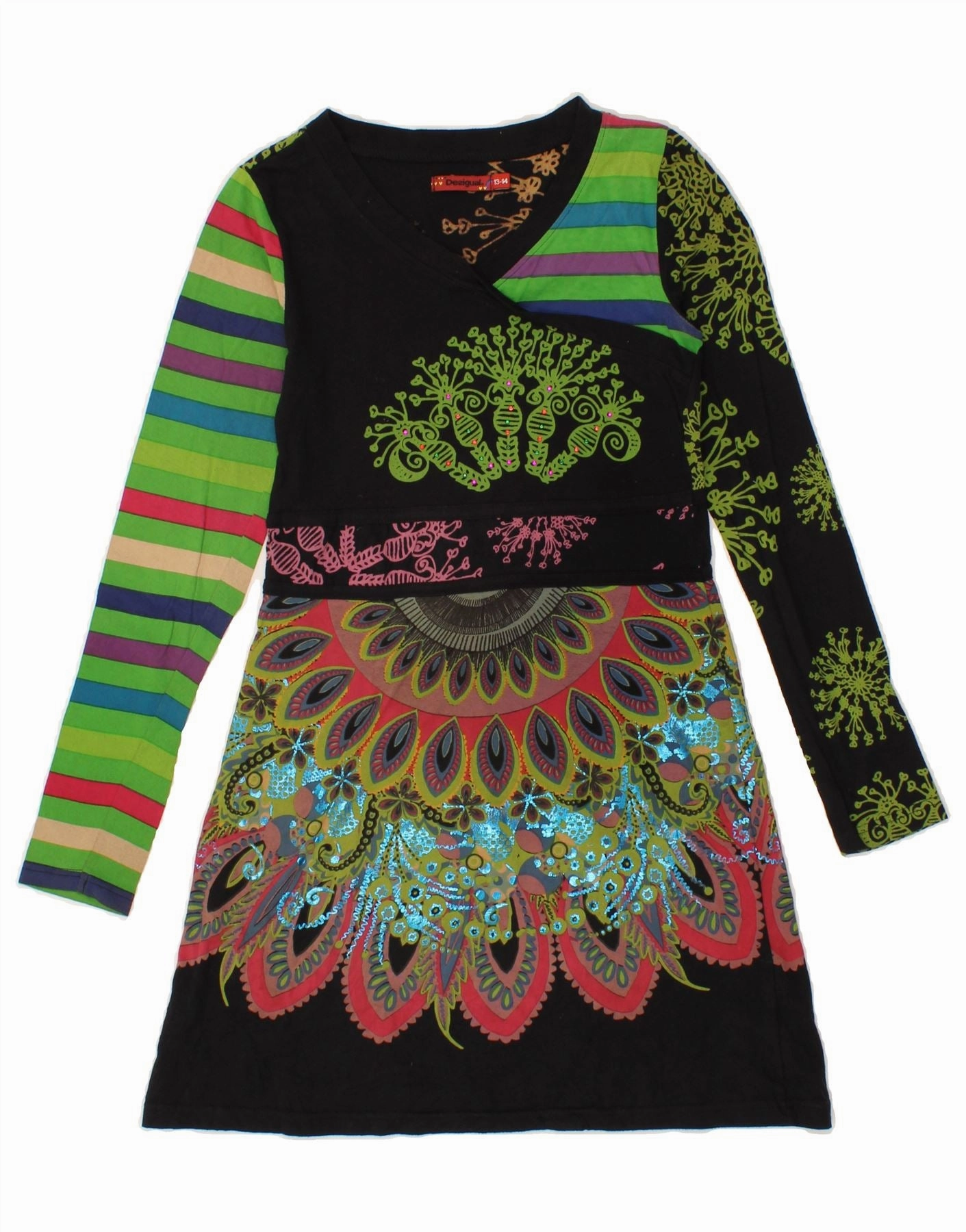 DESIGUAL Girls Graphic Long Sleeve A-Line Dress 13-14 Years Multicoloured Matte-finish Lunch Date