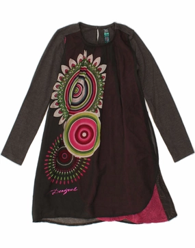 Soft Lines DESIGUAL Girls Graphic Long Sleeve A-Line Dress 7-8 Years Grey Colourblock