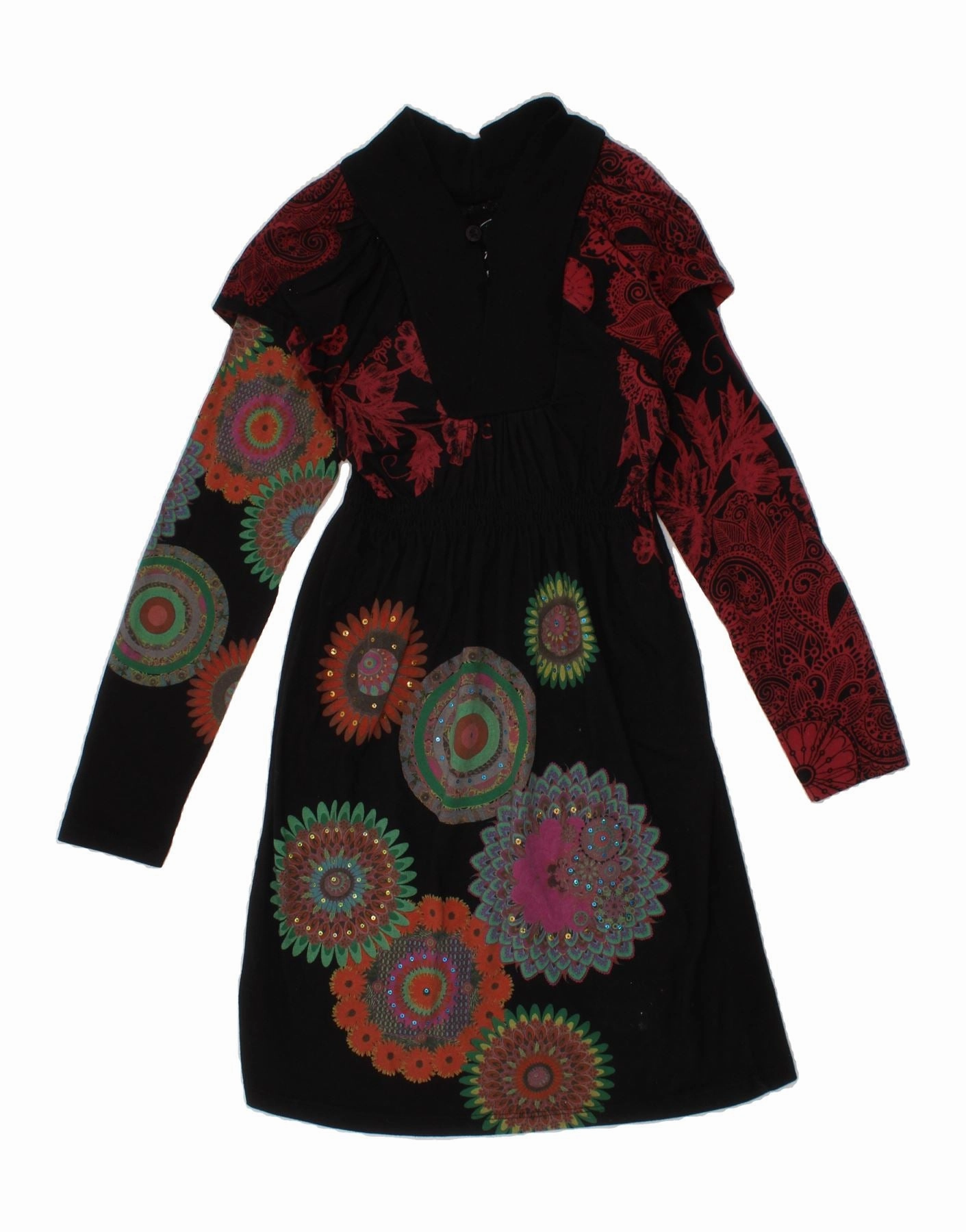 DESIGUAL Girls Graphic Long Sleeve A-Line Dress 9-10 Years Black Floral Smart Fashion Soft Structure