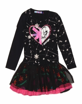 DESIGUAL Girls Graphic Long Sleeve A-Line Dress 9-10 Years Black Floral Draped-Style