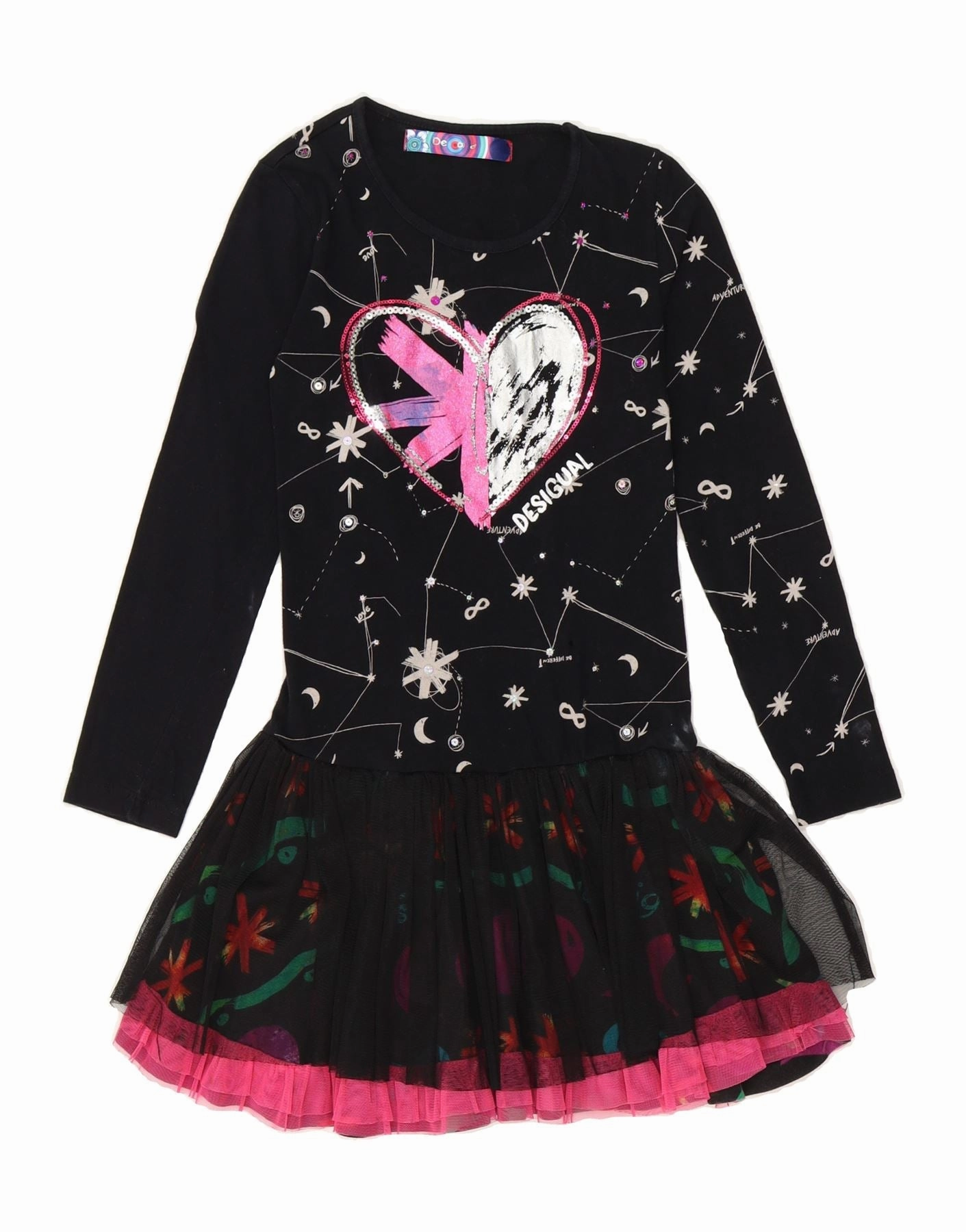 DESIGUAL Girls Graphic Long Sleeve A-Line Dress 9-10 Years Black Floral Draped-Style