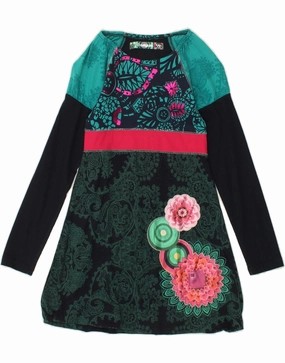 DESIGUAL Girls Graphic Long Sleeve A-Line Dress 9-10 Years Navy Blue Travel Option Street Vibe