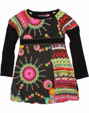 DESIGUAL Girls Graphic Long Sleeve Basic Dress 3-4 Years Black Geometric Nature Inspired