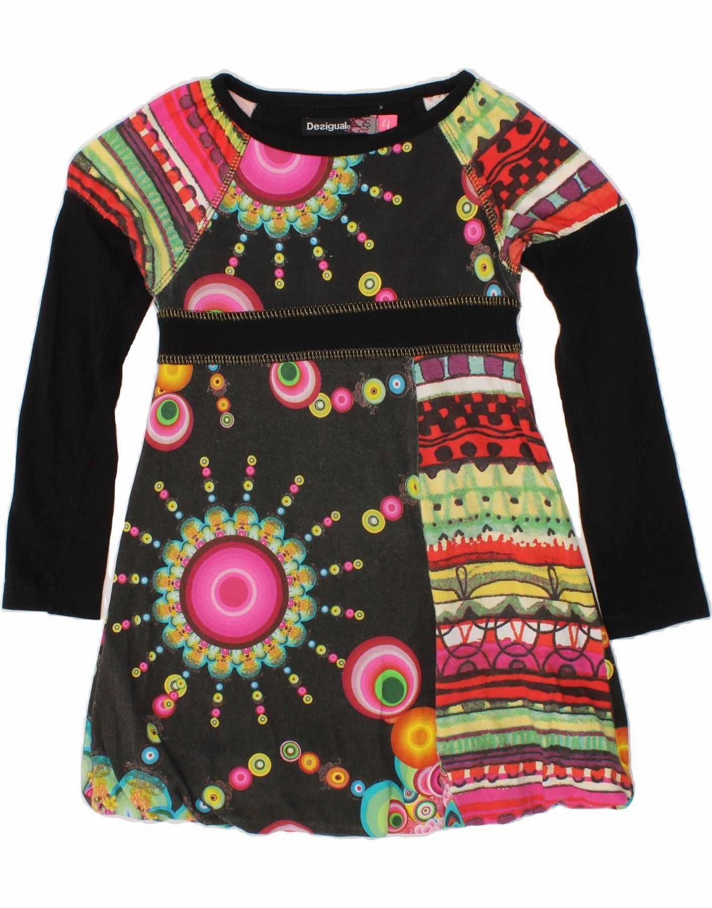DESIGUAL Girls Graphic Long Sleeve Basic Dress 3-4 Years Black Geometric Nature Inspired