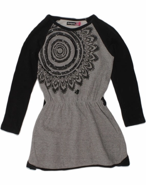 DESIGUAL Girls Graphic Long Sleeve Basic Dress 3-4 Years Grey Geometric Semi Sheer