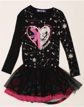 travel mode Sophisticated Design DESIGUAL Girls Graphic Long Sleeve Drop Waist Dress 11-12 Years Black