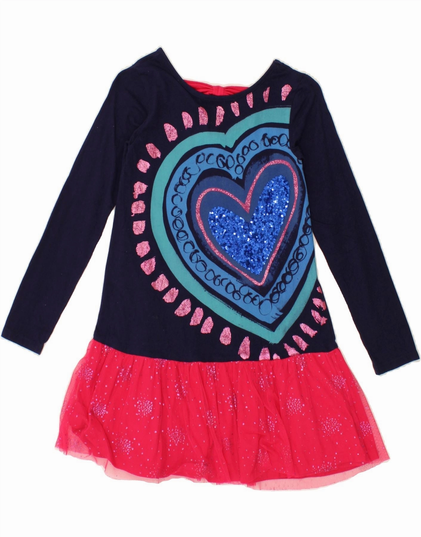 DESIGUAL Girls Graphic Long Sleeve Drop Waist Dress 9-10 Years Navy Blue Sophisticated Look Air Beauty