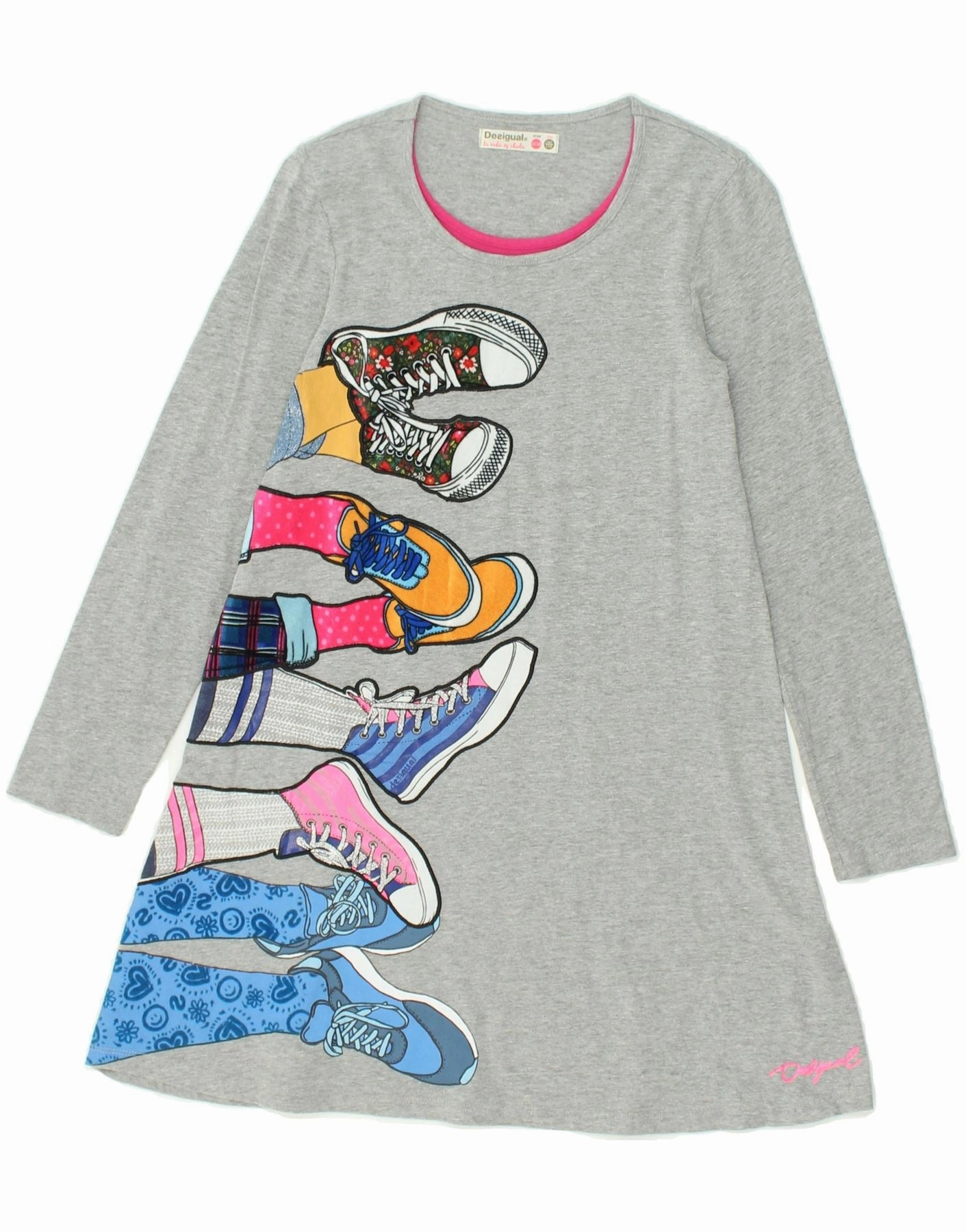 Gloss Finish DESIGUAL Girls Graphic Long Sleeve T-Shirt Dress 11-12 Years Grey