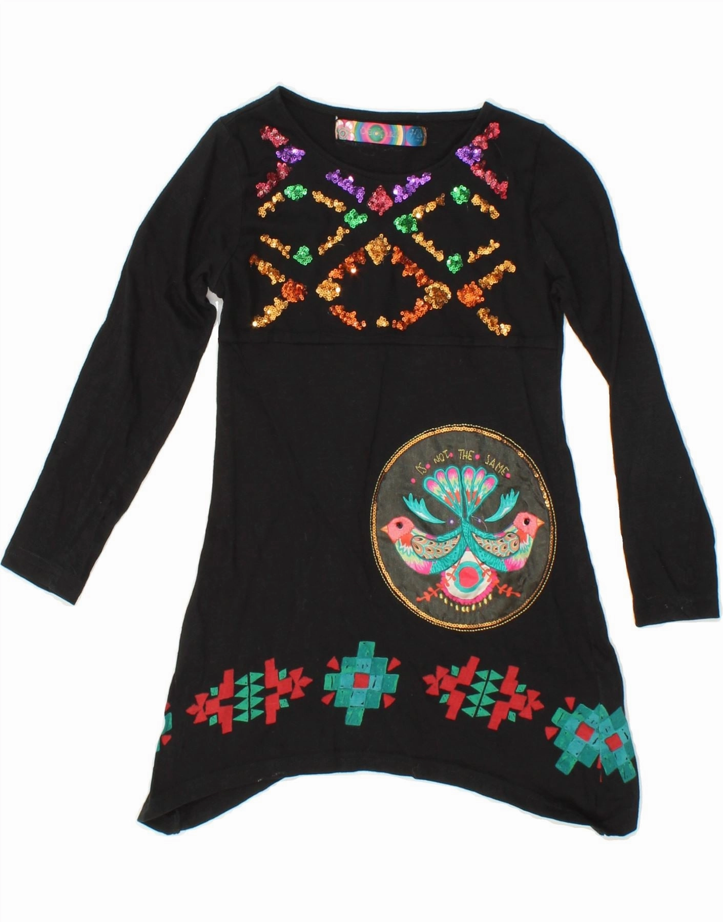 DESIGUAL Girls Graphic Long Sleeve Tunic Dress 7-8 Years Black Geometric loose silhouette Inner Feel