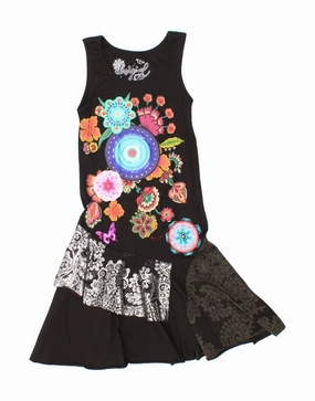Sleek Motion DESIGUAL Girls Graphic Sleeveless A-Line Dress 11-12 Years Black Floral
