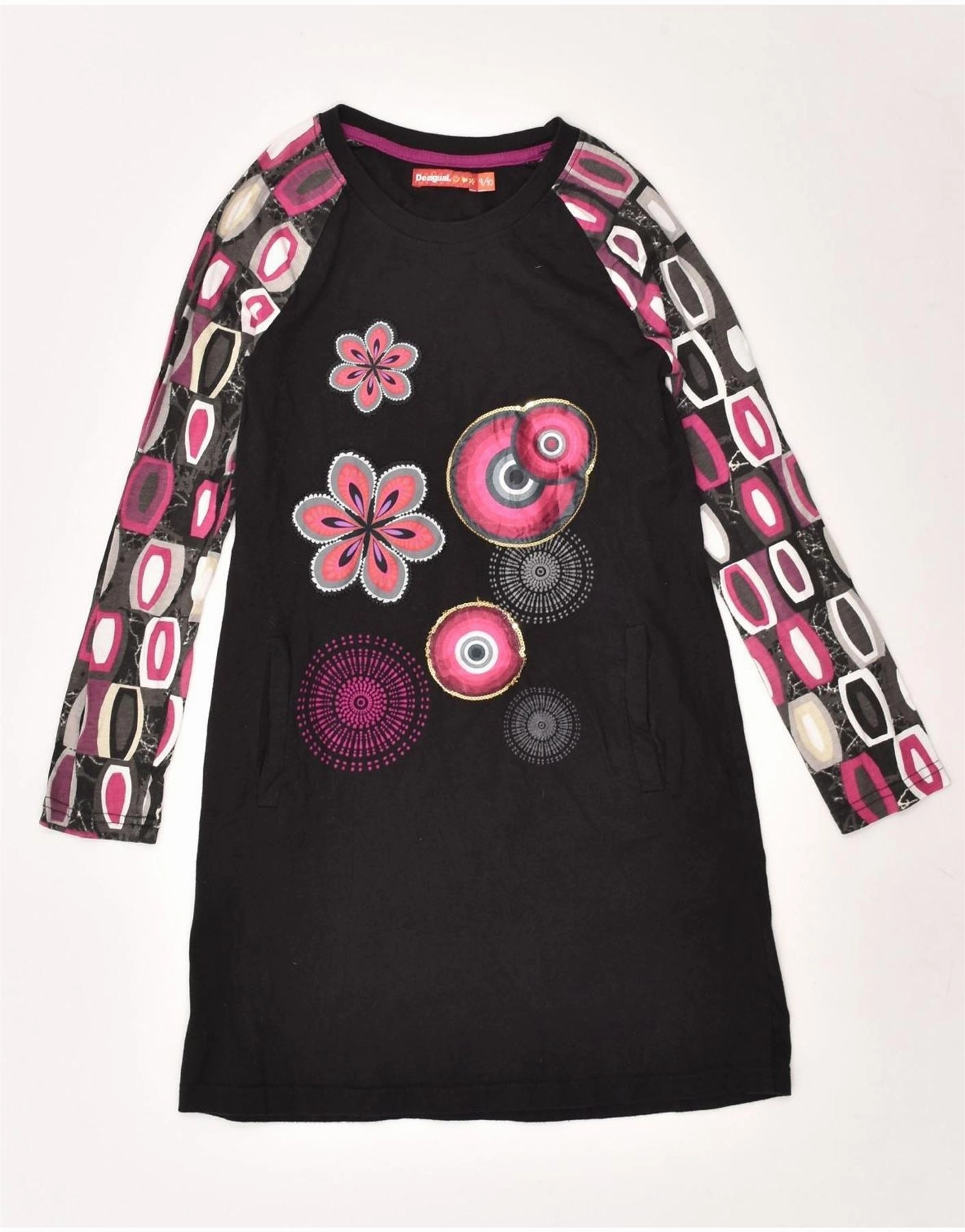 DESIGUAL Girls Graphic T-Shirt Dress 9-10 Years Black Floral Easy Pairing