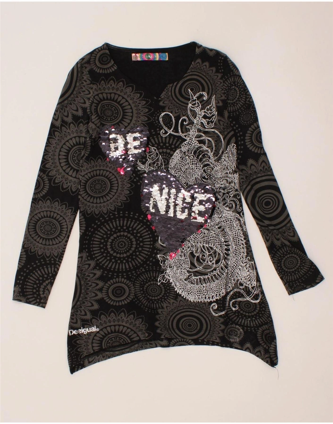 Crisp Look DESIGUAL Girls Graphic Tunic Dress 11-12 Years Black Paisley Heart