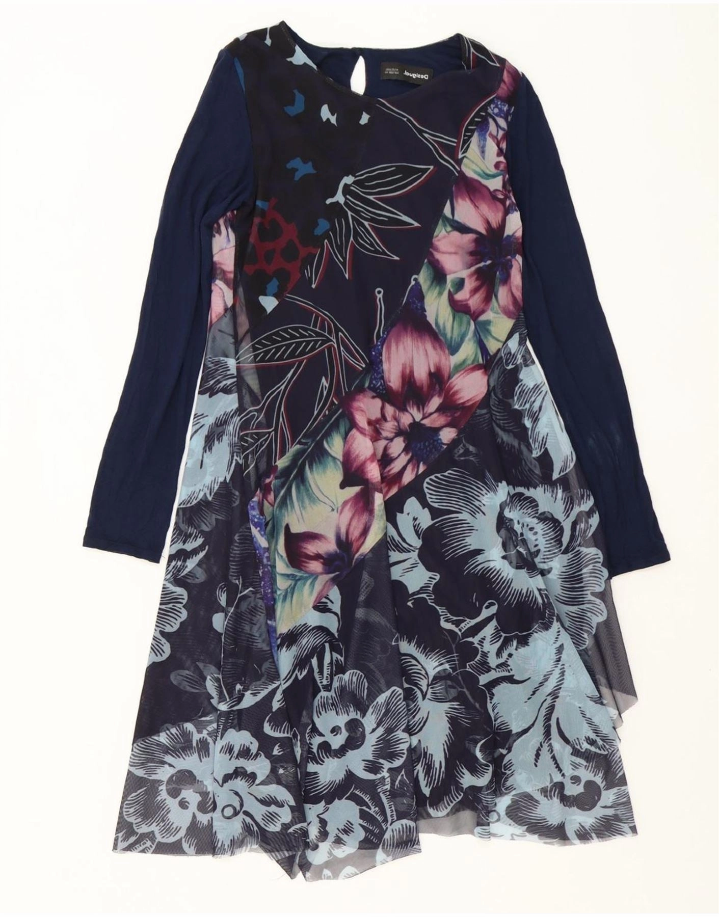 DESIGUAL Girls Long Sleeve A-Line Dress 13-14 Years Navy Blue Floral Elegant brunch outfit