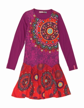 Tall-Fit DESIGUAL Girls Long Sleeve A-Line Dress 13-14 Years Pink Floral Cotton