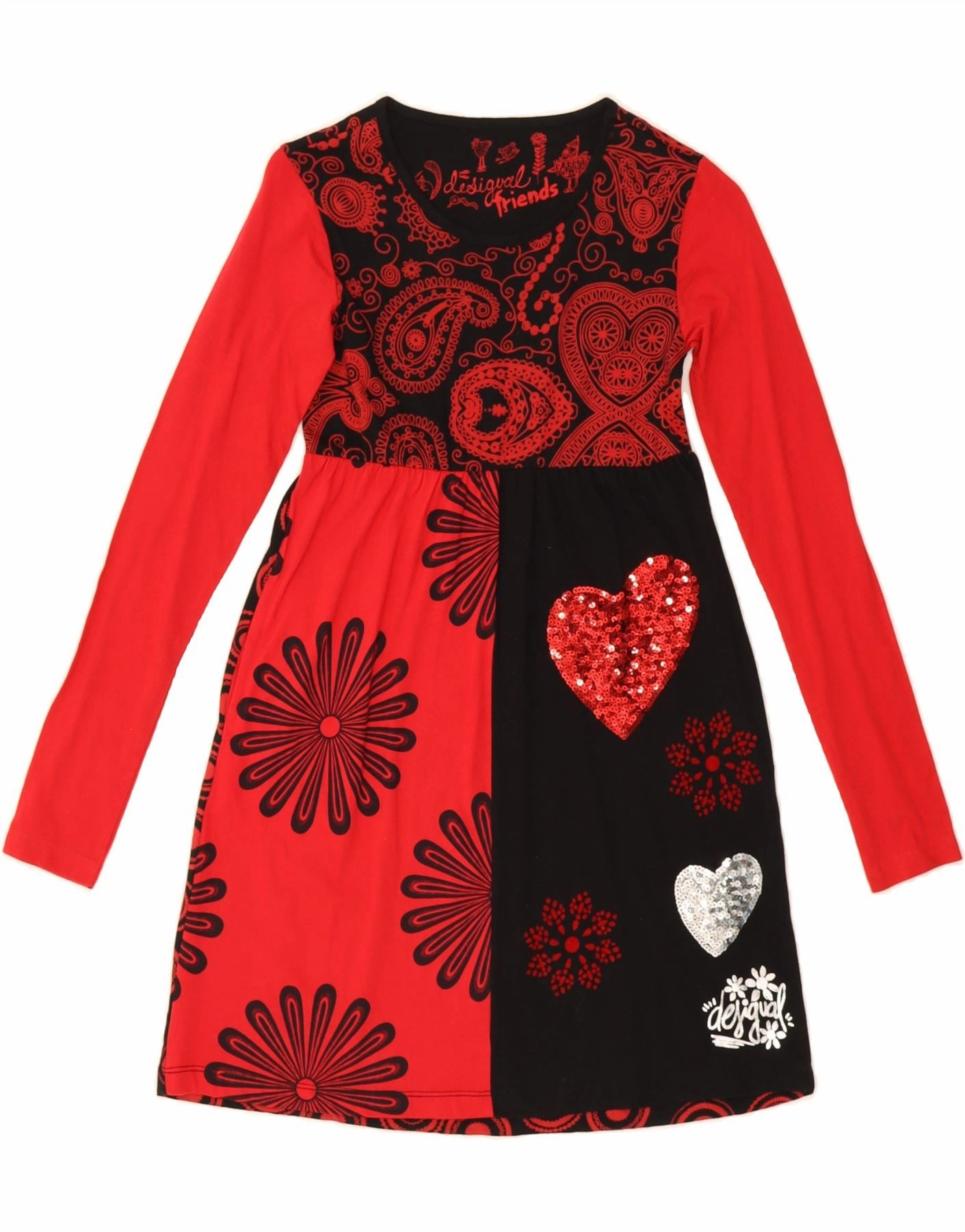 Travel Outfit Chic Vibe DESIGUAL Girls Long Sleeve A-Line Dress 7-8 Years Red Floral Cotton