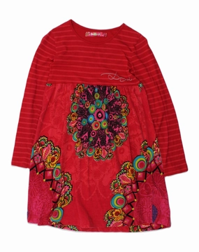 DESIGUAL Girls Long Sleeve A-Line Dress 9-10 Years Red Patchwork Effortless Style