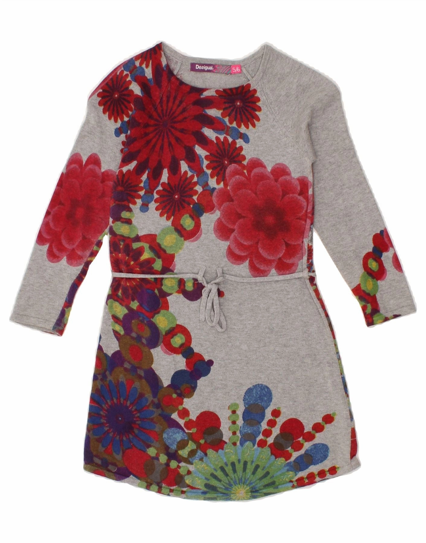 DESIGUAL Girls Long Sleeve Basic Dress 5-6 Years Grey Floral Cotton Retro Detail