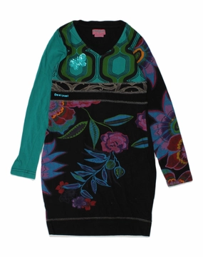 Quiet Sweet DESIGUAL Girls Long Sleeve Basic Dress 9-10 Years Black Floral Cotton