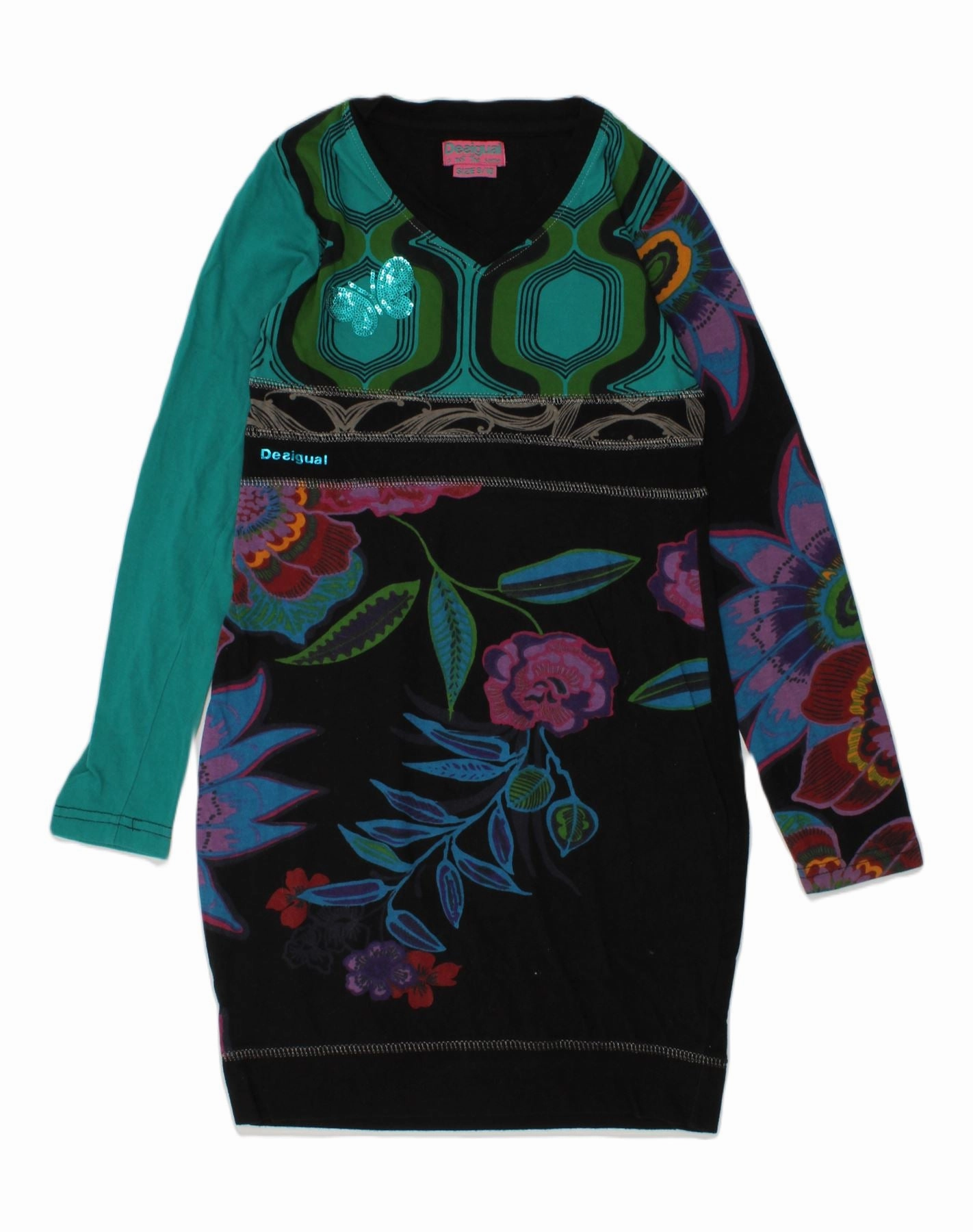 Quiet Sweet DESIGUAL Girls Long Sleeve Basic Dress 9-10 Years Black Floral Cotton