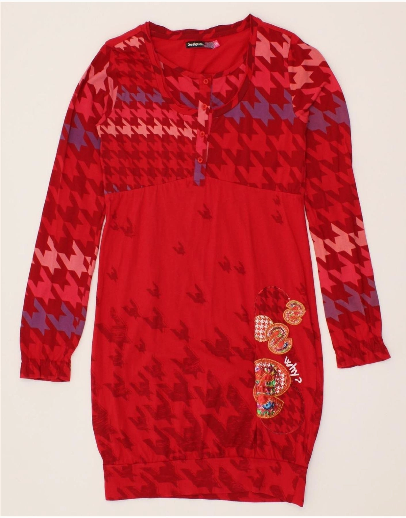 DESIGUAL Girls Long Sleeve Bubble Dress 13-14 Years Red Houndstooth Cotton Tall-Fit