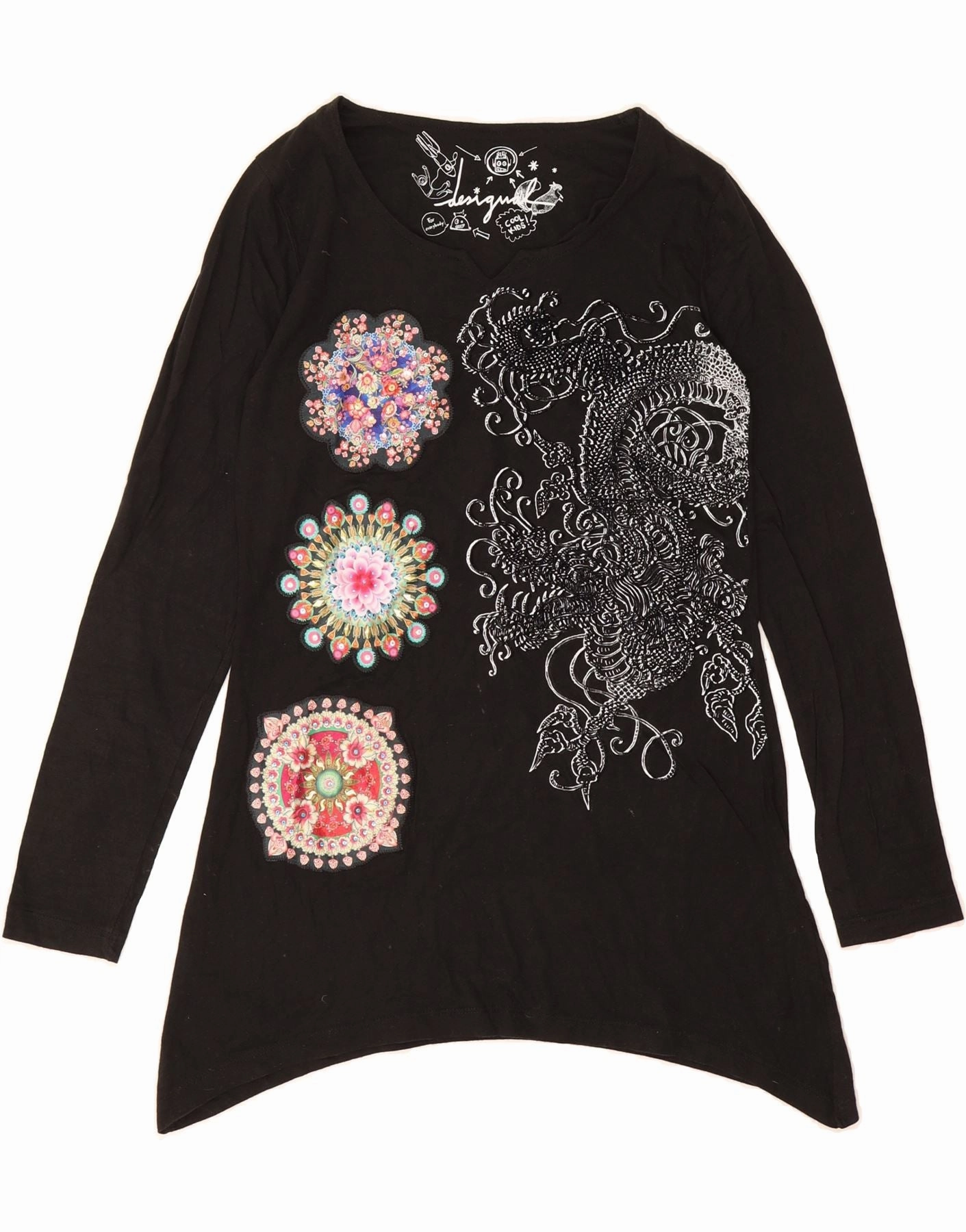 DESIGUAL Girls Long Sleeve Graphic Tunic Dress 13-14 Years Black Floral Sister Glow